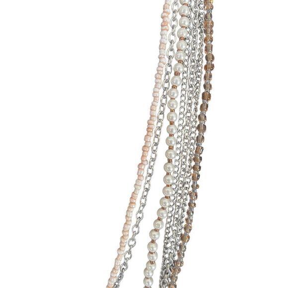 Long Seven Strand Silver-tone, Faux Pearl, and Bead Chain Necklace - Picture 9 of 12